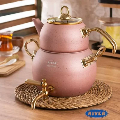 قوری کتری گرانیتی شیردار تپل رنگ رزگلد